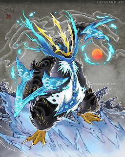 Empoleon Pokemon character with blue and white coloring, yellow crown-like horns, surrounded by water energy effects