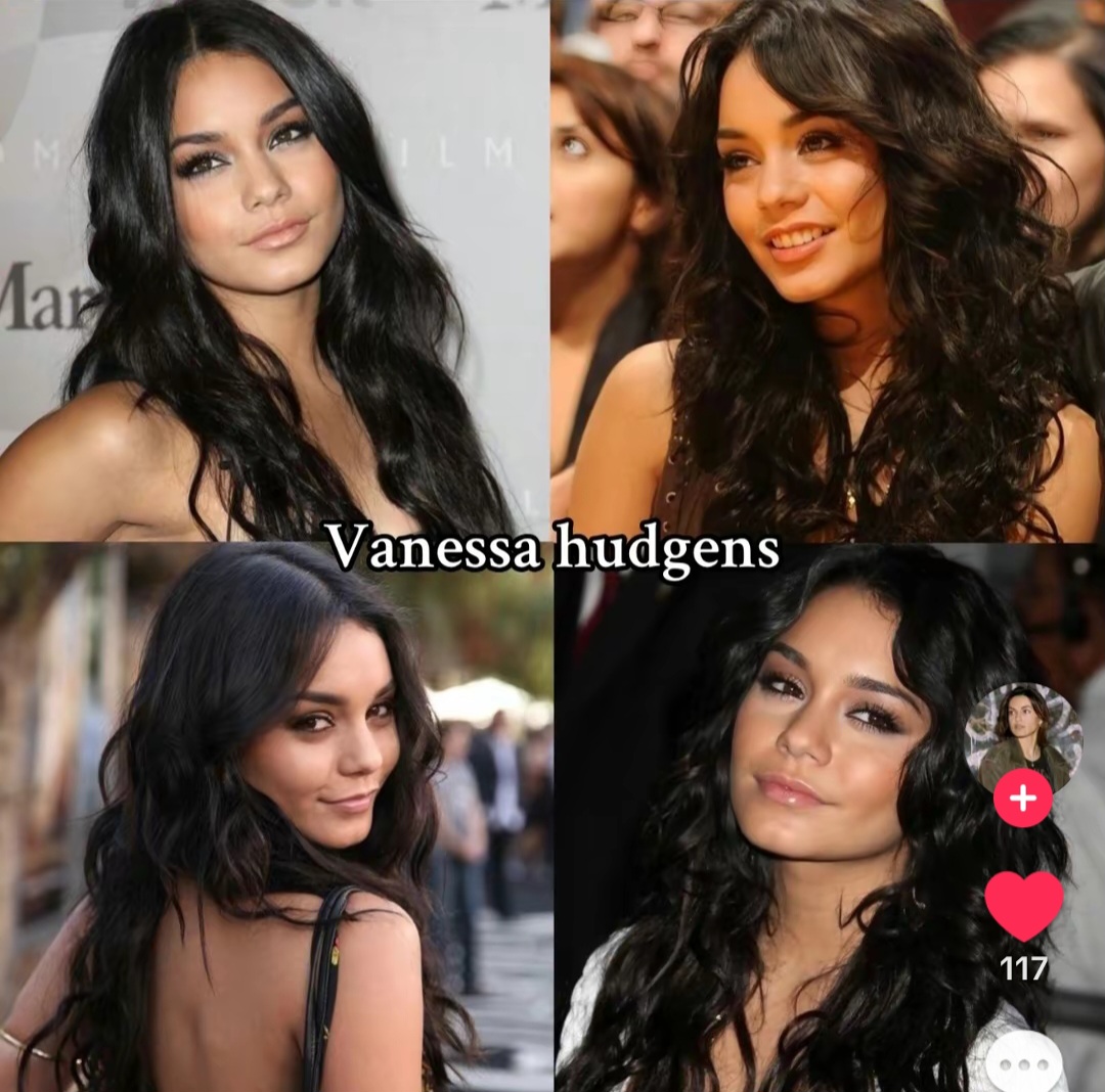 Four-photo collage of Vanessa Hudgens with long dark hair posing at public events