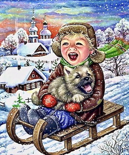Happy child with puppy on sled in snowy village under aurora borealis