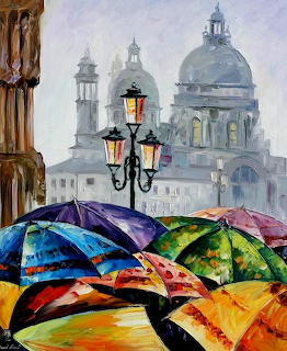 Impressionist painting of bright umbrellas in Venice rain with domed cathedral behind ornate street lamp