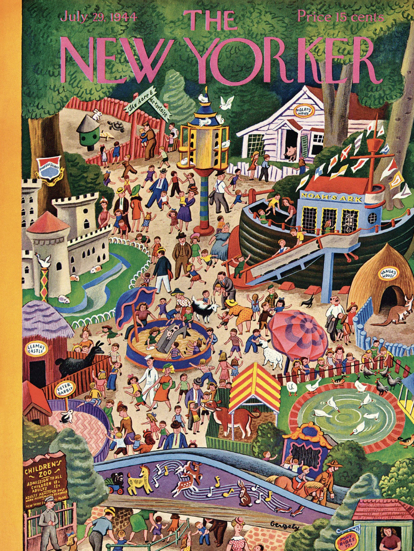 The New Yorker magazine cover showing a busy illustrated amusement park with crowds and colorful rides