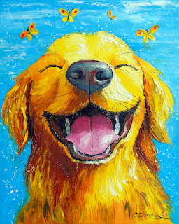 Painting of a smiling golden retriever against blue sky with yellow butterflies