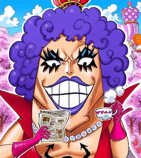 Anime character with large purple hair, exaggerated grin, holding newspaper and fork against pink background