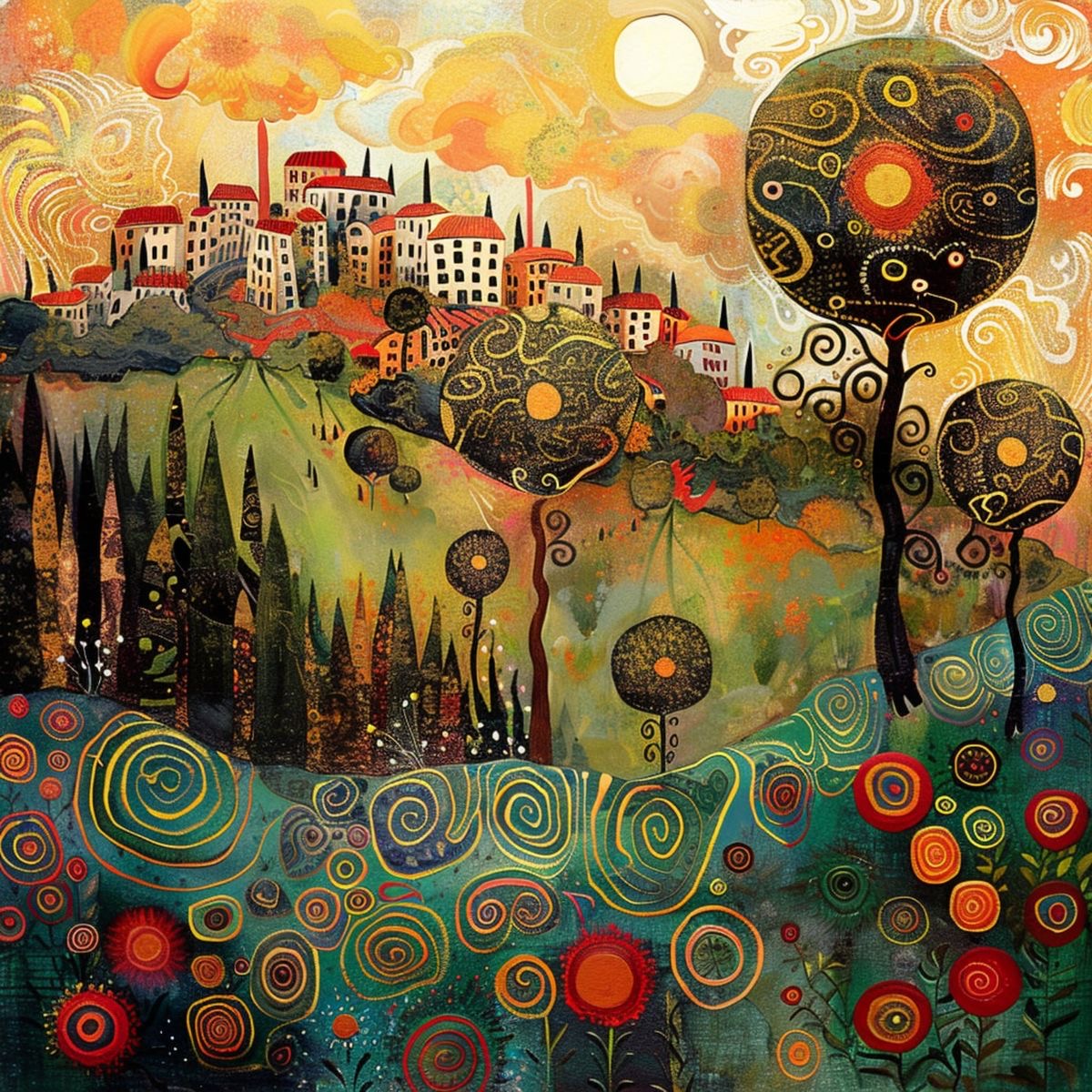 Stylized village on hill with decorative swirling trees and colorful geometric patterns in warm orange and green tones