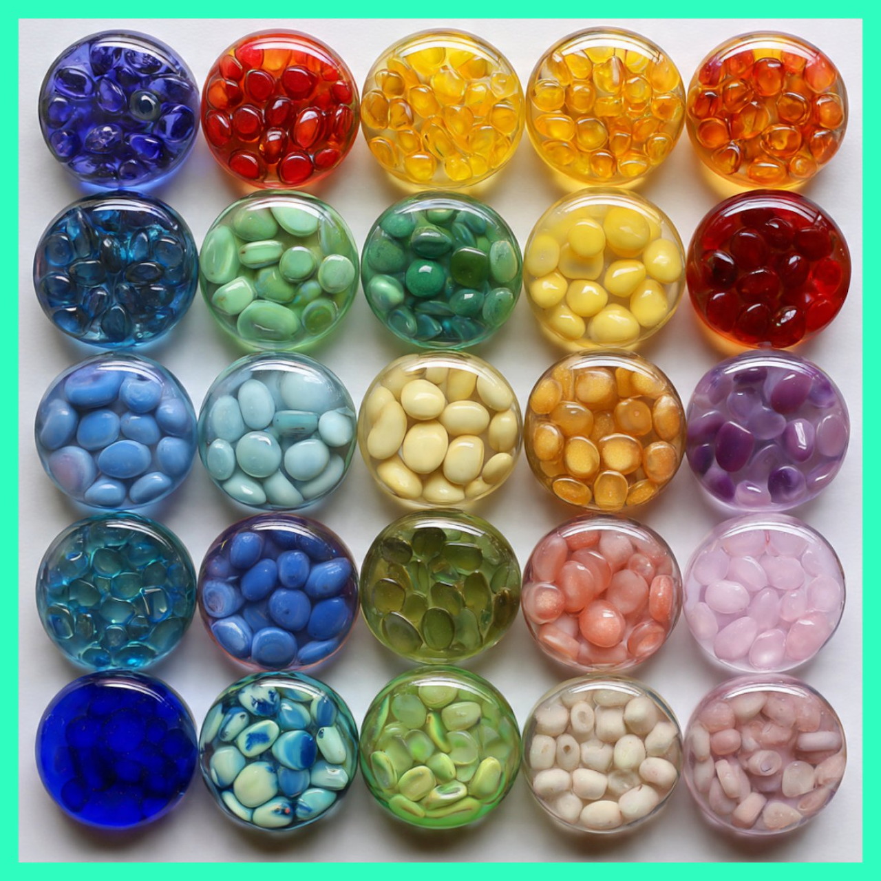 Grid of 25 clear circular containers filled with colorful resin pebbles in rainbow colors arranged in rows