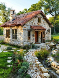 Small stone cottage with red roof beside a garden stream and stepping-stone path