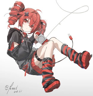 Anime girl with red twin-tail hair, striped socks, and black red outfit sitting on a white background