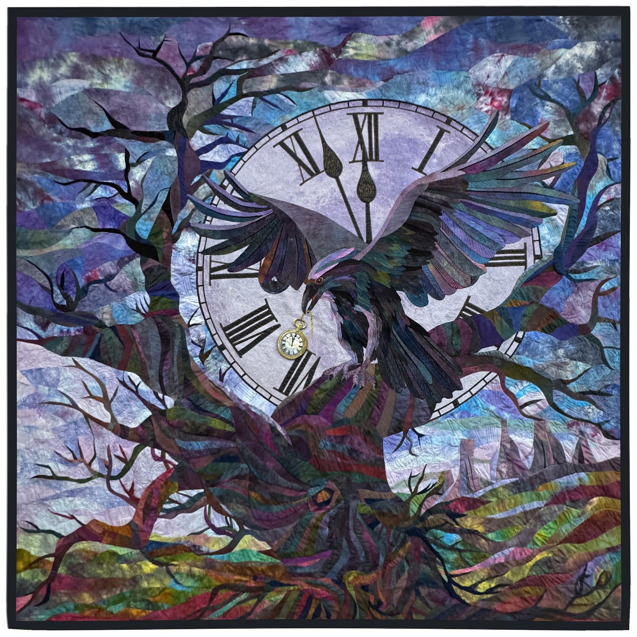 Quilted artwork of a raven on a gnarled tree with a pocket watch, backed by a large clock face.