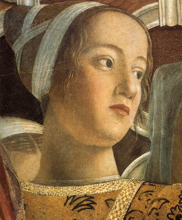 Close-up of a young woman in a Renaissance painting with a pale headscarf and gold embroidered dress