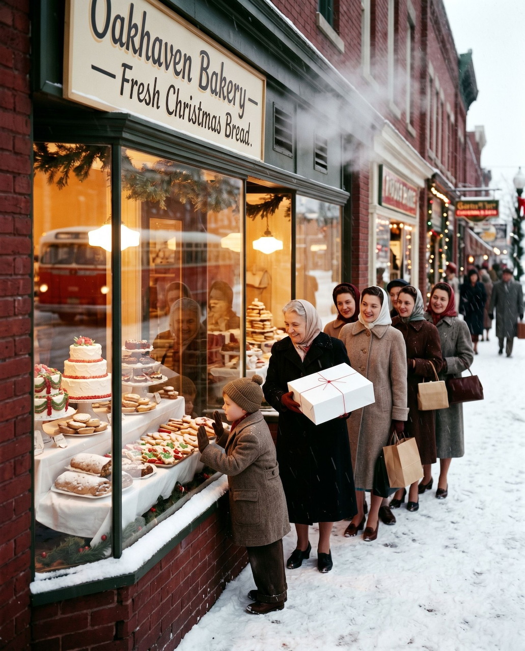 People queuing outside Oakhaven Bakery in snowy vintage Christmas street scene with window display of breads and cakes