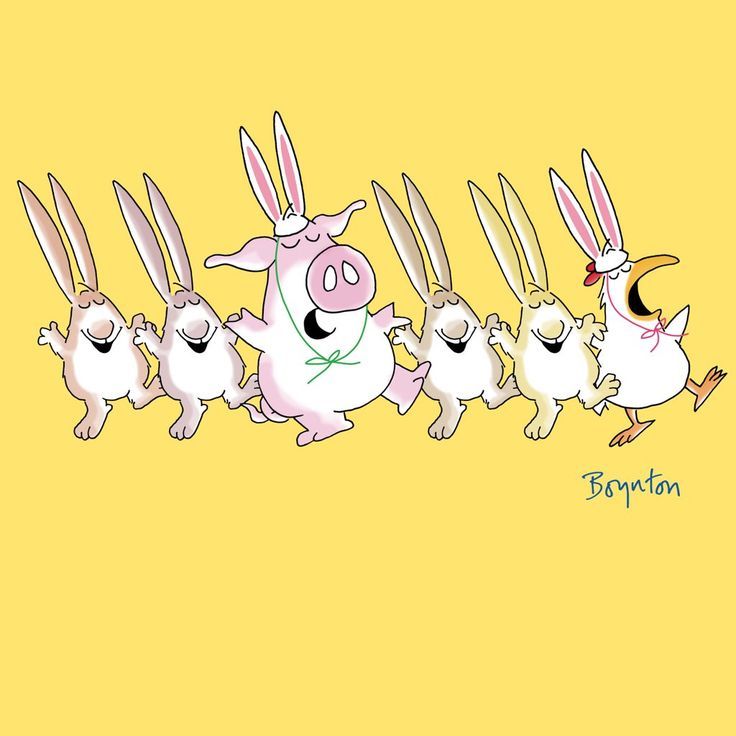 Seven cartoon pigs wearing purple bunny ears dancing and singing in a line on yellow background