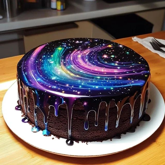Chocolate cake with glossy galaxy mirror glaze and dark drip icing on a white plate