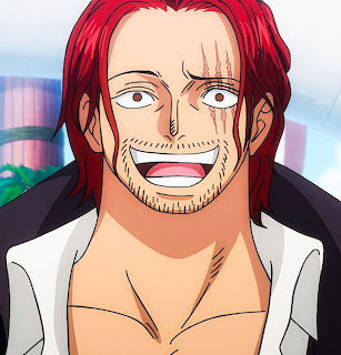 Anime character with red hair and facial scar smiling widely