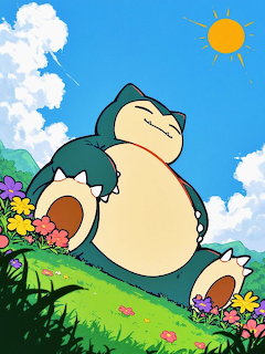 Snorlax Pokemon character sleeping peacefully on a grassy hill with flowers and blue sky