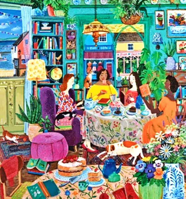 Colorful illustration of four women at a table in a cozy room with books, plants, and a cat