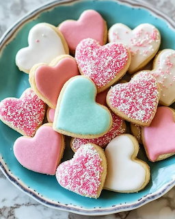 Plate of decorated heart-shaped sugar cookies in pink, white, and blue icing with sprinkles on marble counter