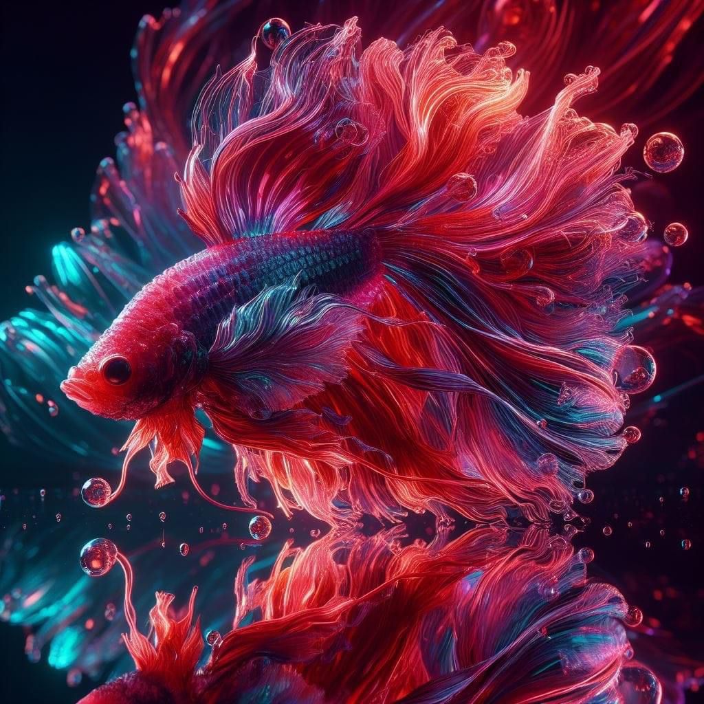 Colorful betta fish with flowing fins in a dark underwater scene
