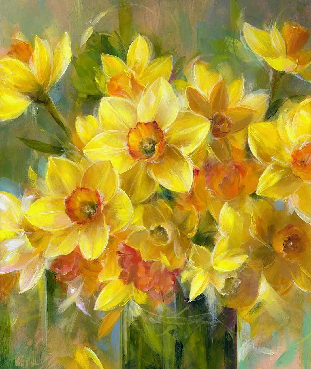 Painting of yellow daffodils with orange centers in a dark vase