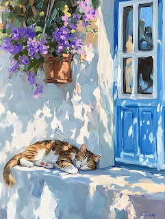 Painting of a calico cat sleeping on a white ledge near a blue door with purple flowers above