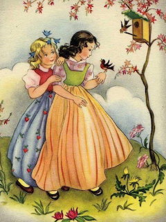 Vintage illustration of two girls hugging outdoors with birds, flowers, and a birdhouse in a tree