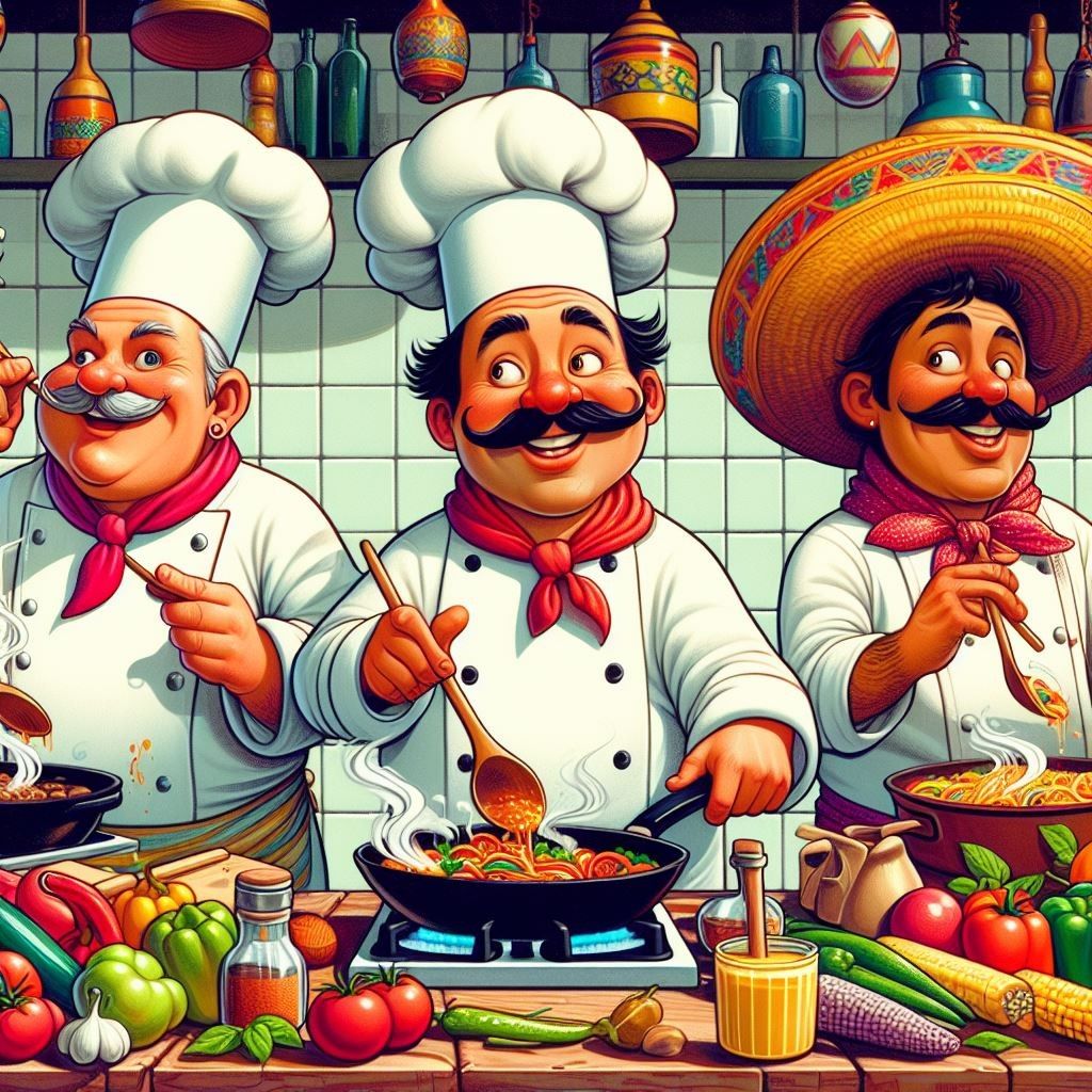 Three animated chefs in white uniforms and tall hats cooking with vegetables in a vibrant kitchen