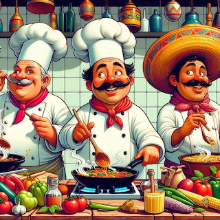 Three Chefs Cooking in Kitchen