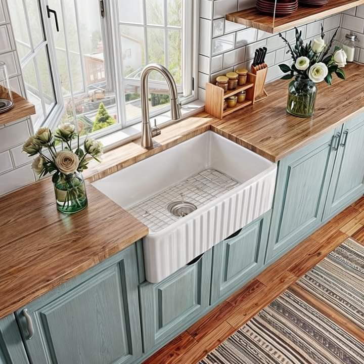 Farmhouse kitchen with white sink, sage cabinets, wood counters, and flowers
