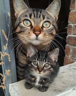 Adult tabby cat with green eyes posing with small kitten on windowsill