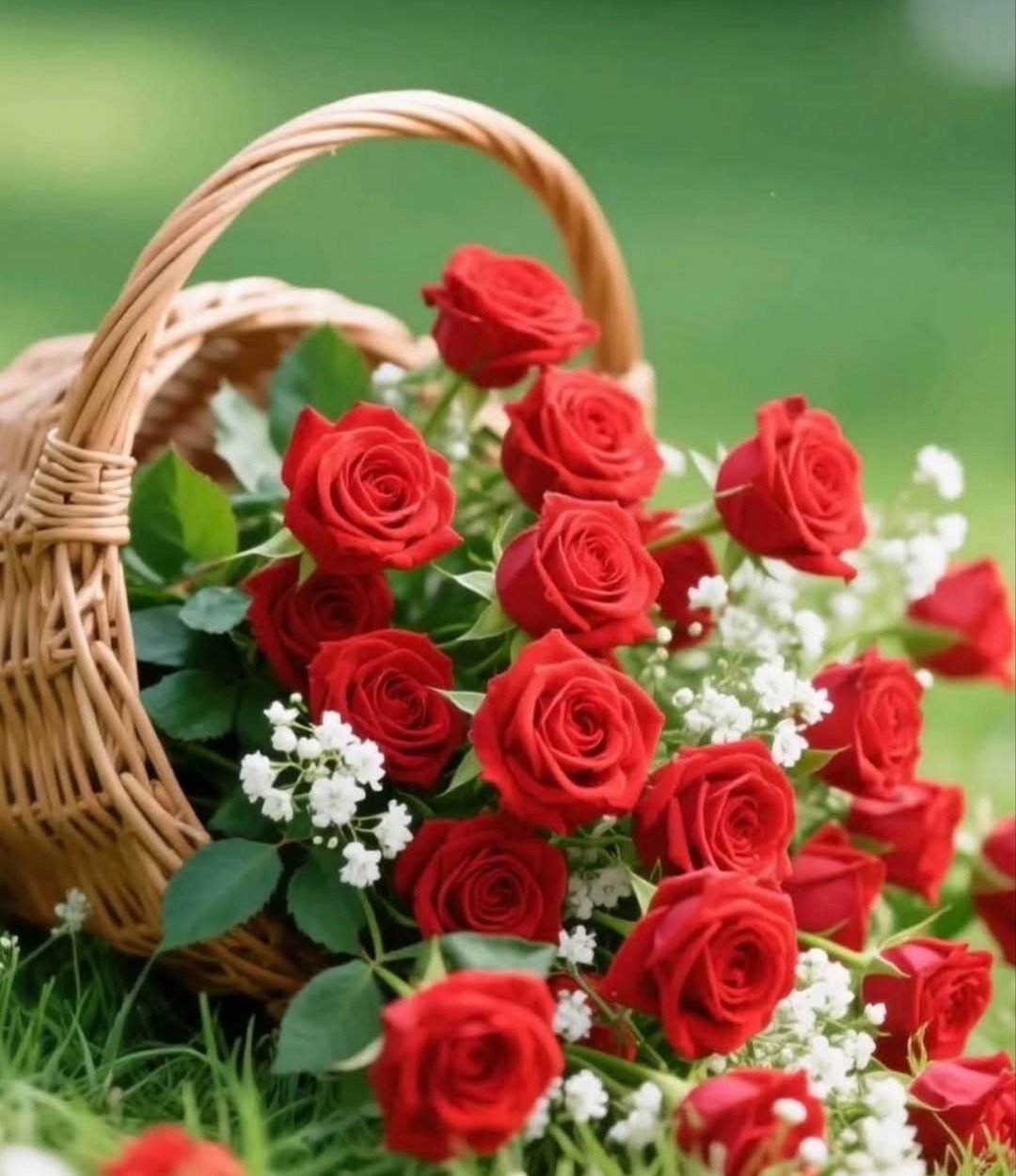 Red roses with white flowers in wicker basket on grass