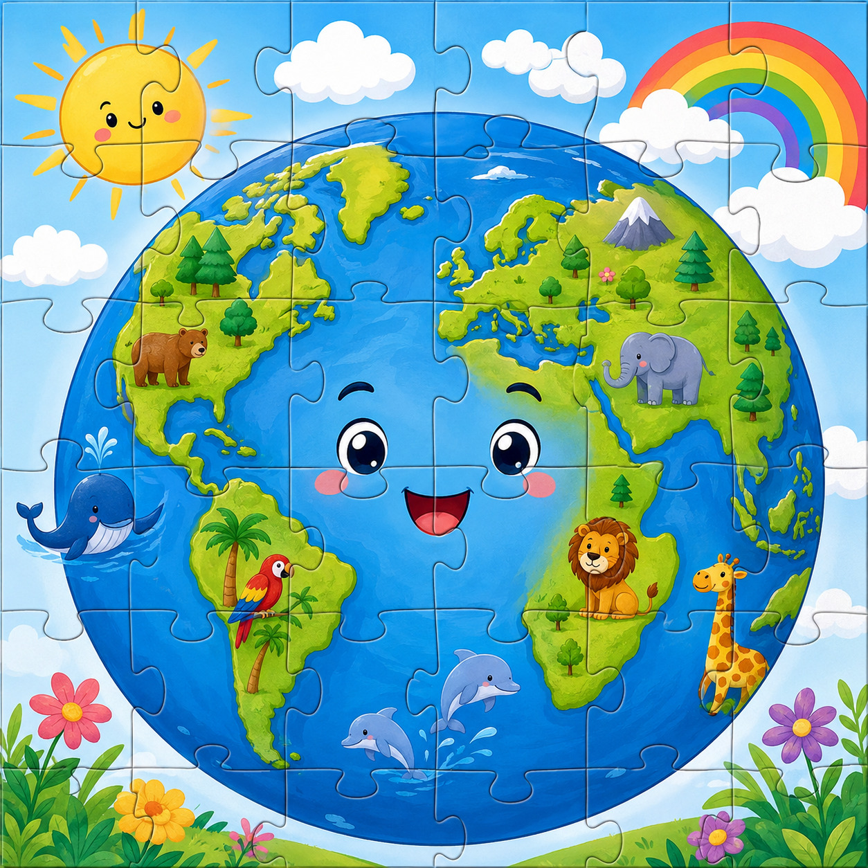 Cute cartoon Earth with a smiling face, animals, flowers, clouds, and a rainbow