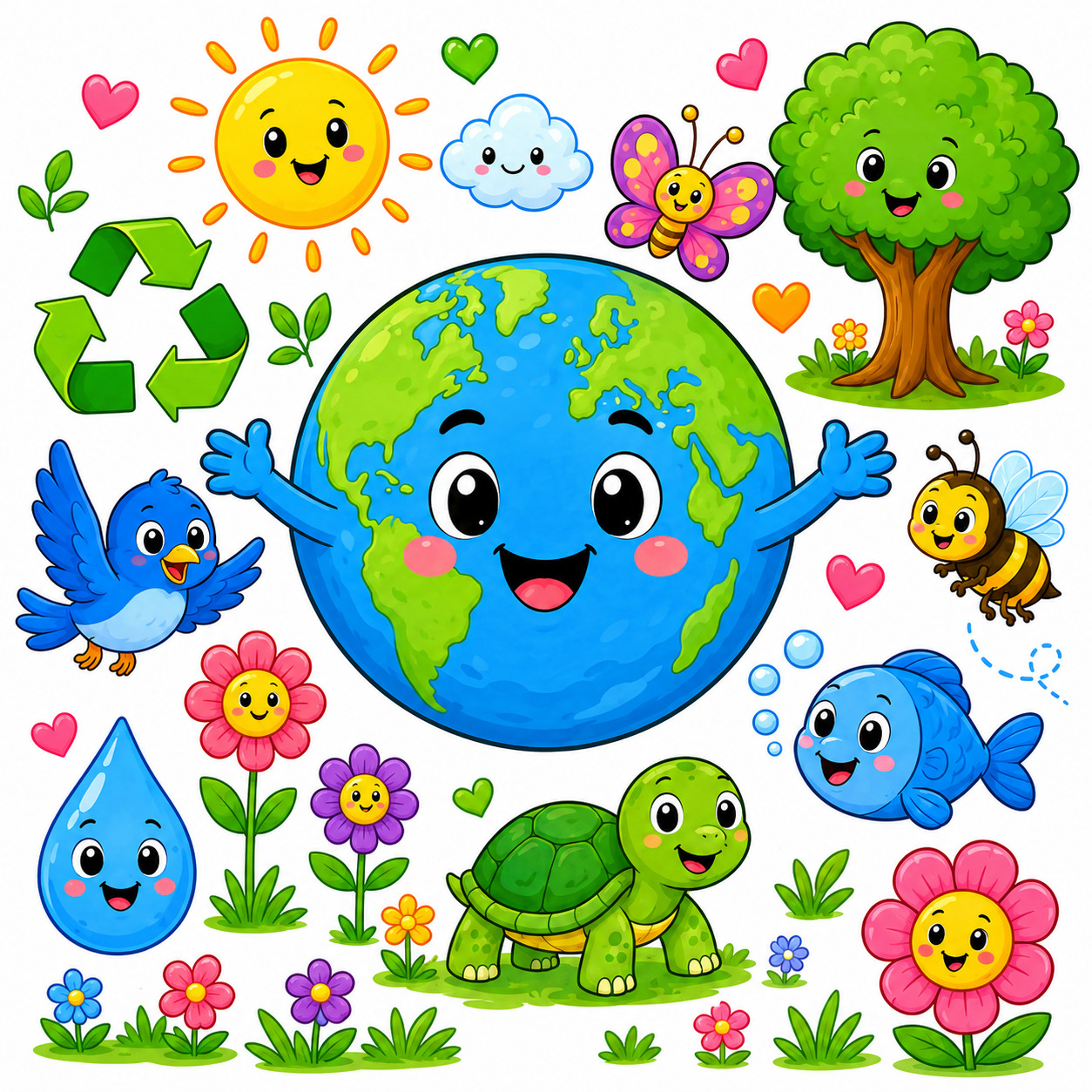Cartoon Earth with happy face surrounded by cute animals, flowers, sun, tree, and recycling symbol