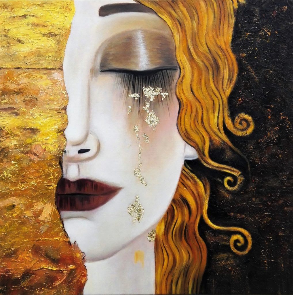 Klimt-style painting of a woman with closed eyes, golden tears on her cheek, and golden curly hair