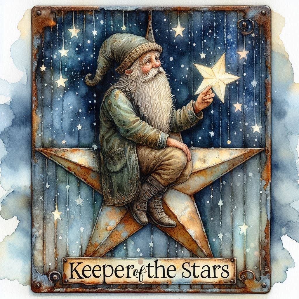 Bearded wizard figure in green sitting on golden star holding small star against blue starry night backdrop on vintage tin sign