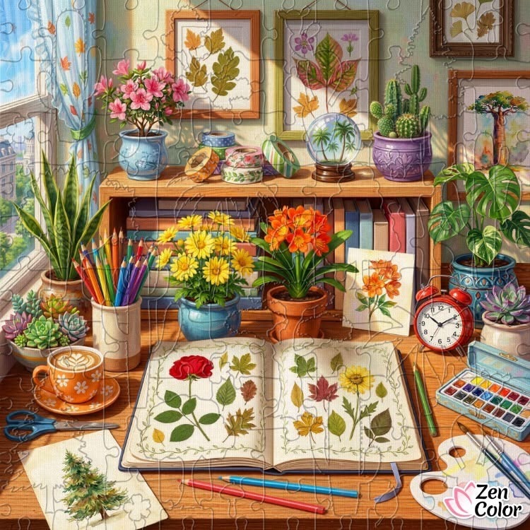 Illustrated botanical workspace with plants, flowers, sketches, books, and art supplies on a wooden desk