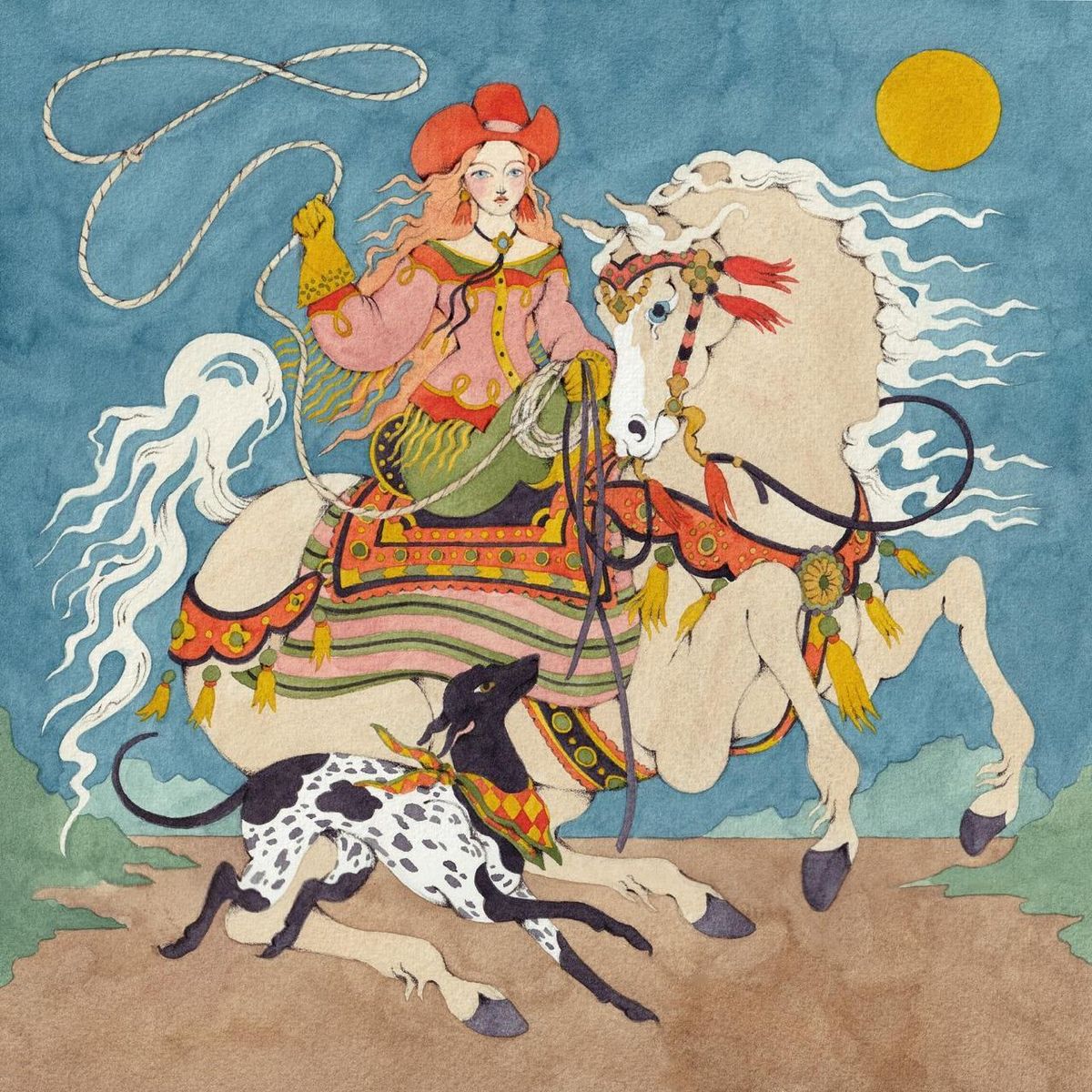 Illustration of woman in folk dress riding white horse with spotted dog running below