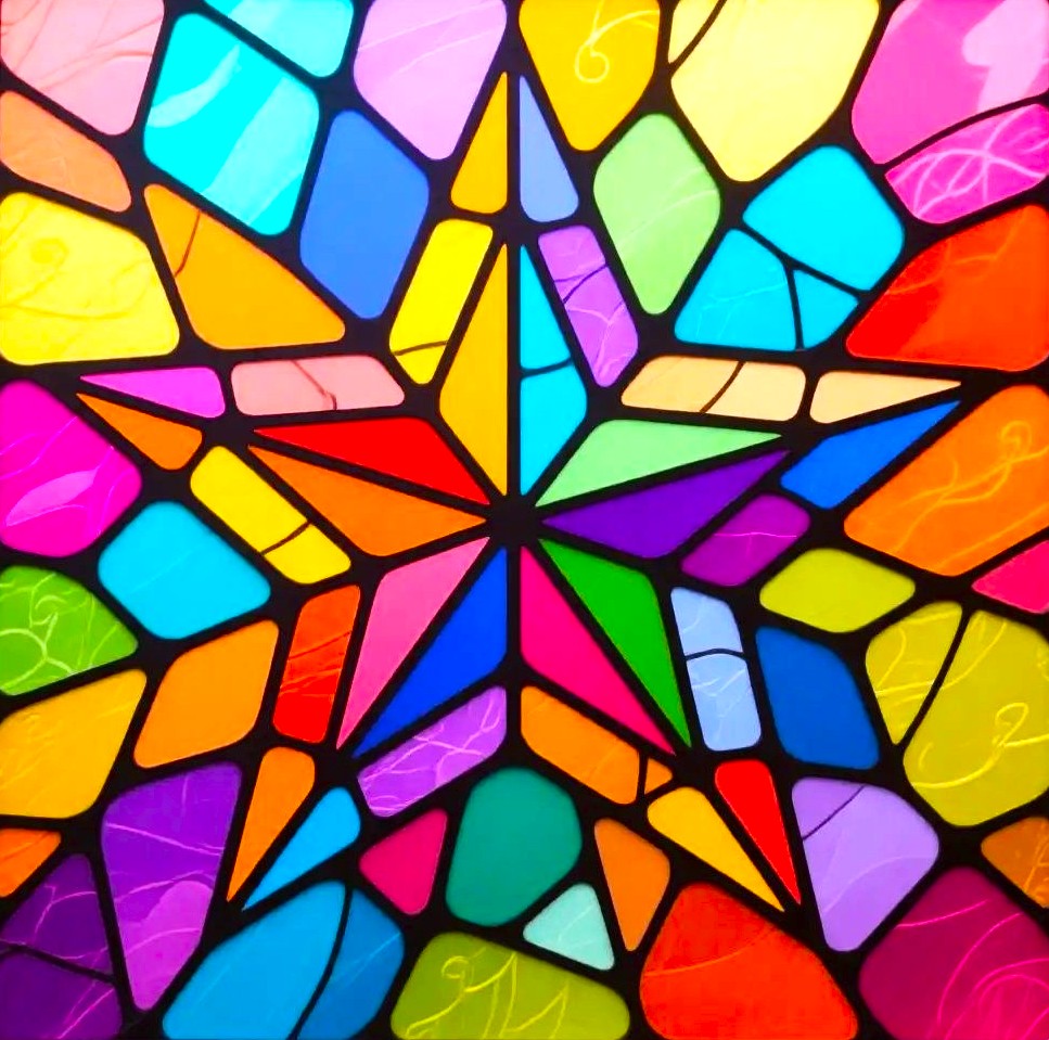 Colorful stained glass star with geometric rainbow mosaic patterns