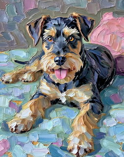 Oil painting of an Airedale Terrier puppy with tongue out against colorful abstract background