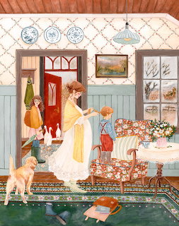 Illustrated mother greeting children at red front door in cozy home with cat and floral furniture
