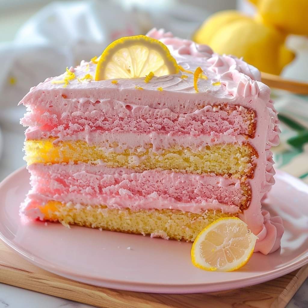 Slice of pink lemonade layer cake with lemon garnish and sprinkles on pink plate