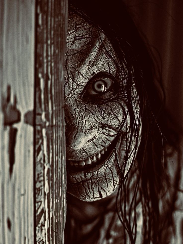 Scary woman's face with wide eye and eerie smile emerging from behind wooden door in dark horror scene