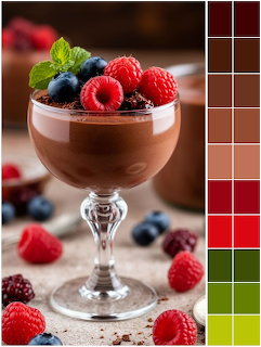Glass of chocolate mousse topped with raspberries, blueberries, and mint beside a vertical color palette