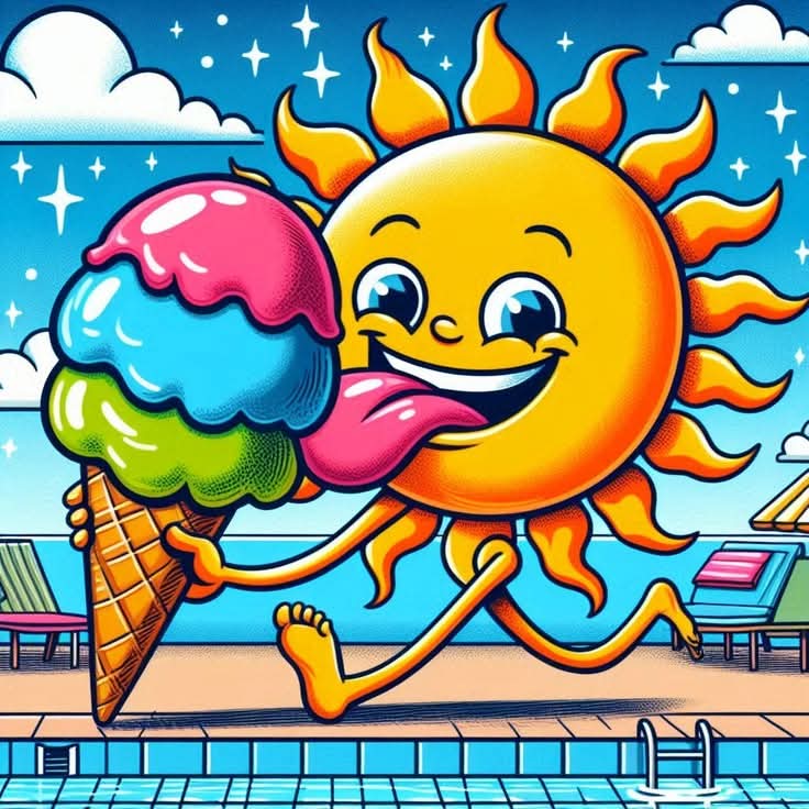 Cartoon sun character happily licking a rainbow ice cream cone in a summer beach scene