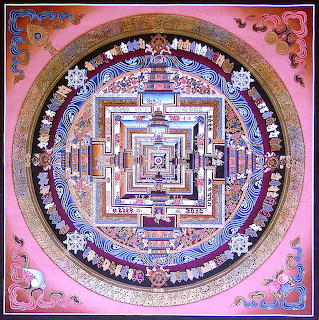 Colorful Tibetan Buddhist mandala with geometric palace architecture and ornate concentric circular patterns