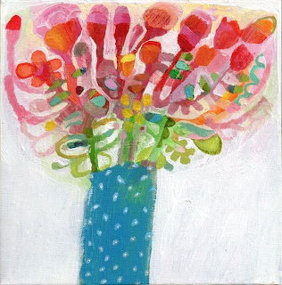 Abstract painting of colorful flowers in blue vase with loose brushstrokes