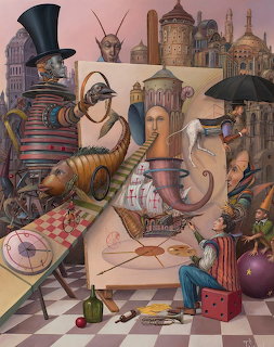 Surreal fantasy painting with mechanical figures, a painter, bizarre creatures, and ornate architecture