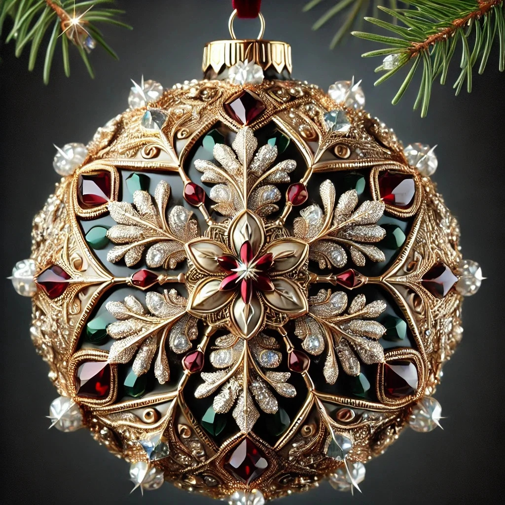 Ornate gold Christmas ornament with jeweled snowflake design hanging on a pine branch