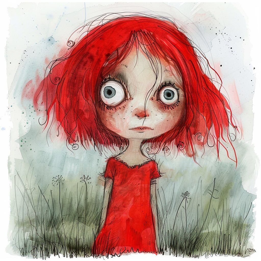 Illustration of a wide-eyed red-haired girl in a red dress standing in grass
