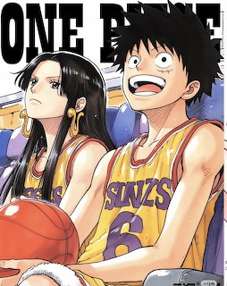 Two anime characters from One Piece, one in yellow basketball jersey looking shocked, another sitting beside