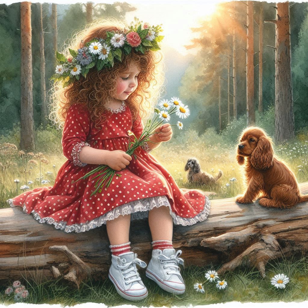 Girl with Puppy in Forest