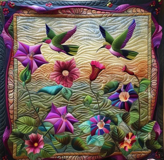 Quilted textile art with two hummingbirds and vibrant flowers on cream fabric with decorative border